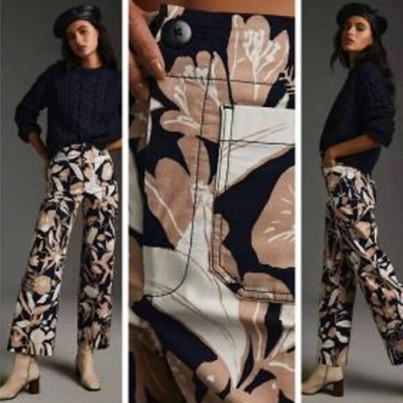🌸 Anthropologie Jo Faulkner for Maeve Colette Cropped Wide-Leg Pants Floral 29 - Picture 1 of 16